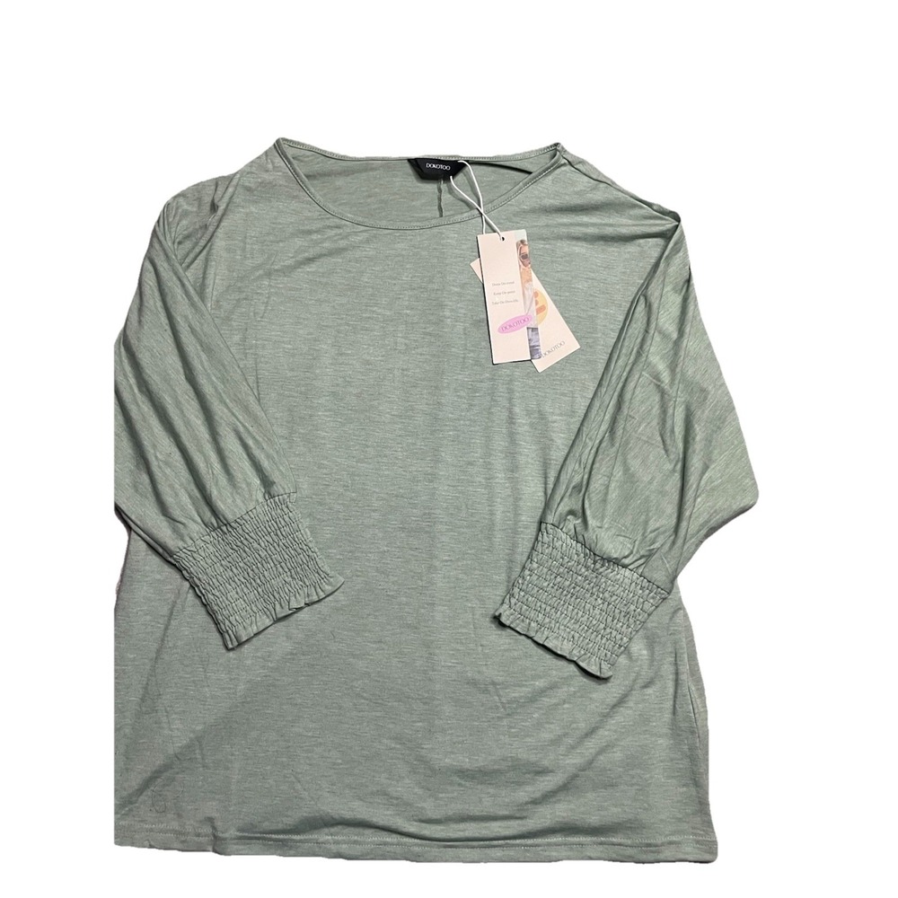 Dokotoo Womens 3/4 Sleeve Green Crewneck Loose Soft Shirt Ruched Cuffs Large NWT